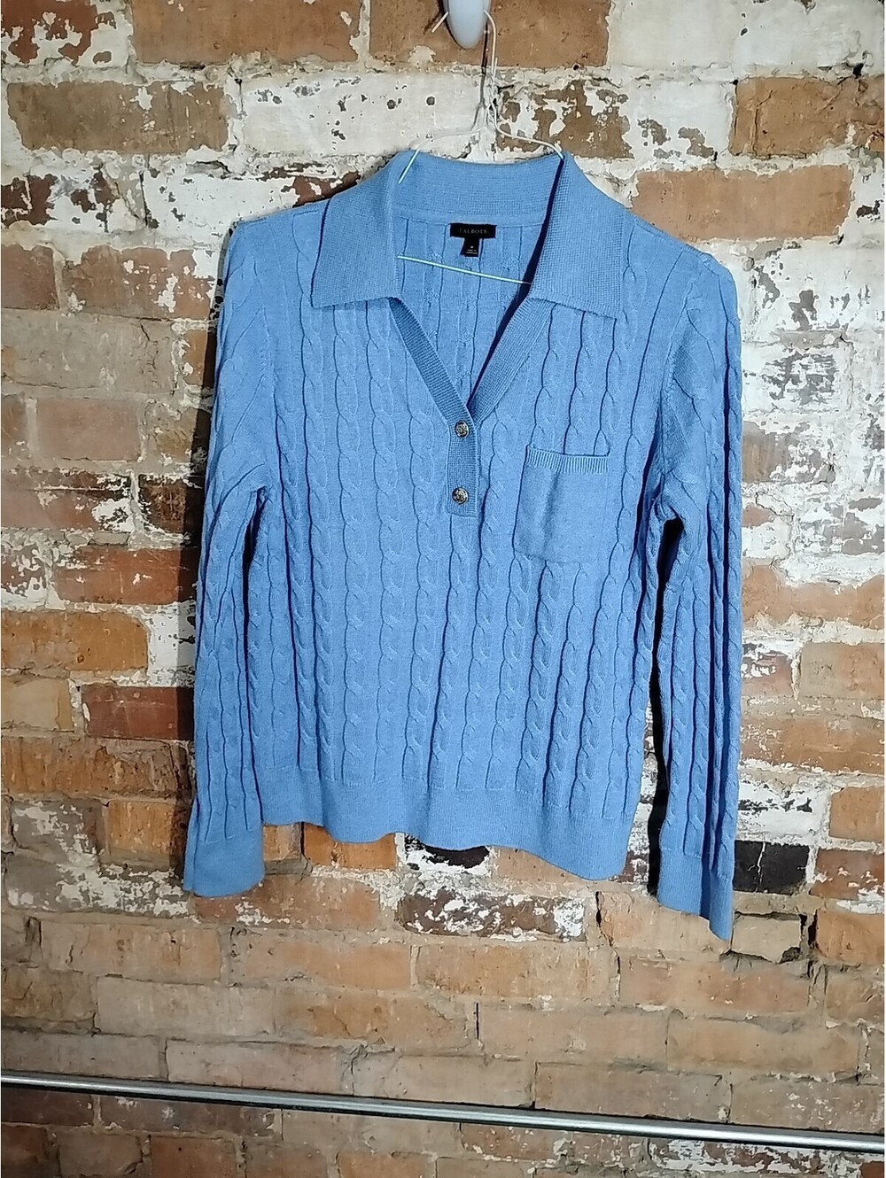 Talbots Sweater Womens Medium Blue Collared Cable Knit Pocket 100% Cotton Top